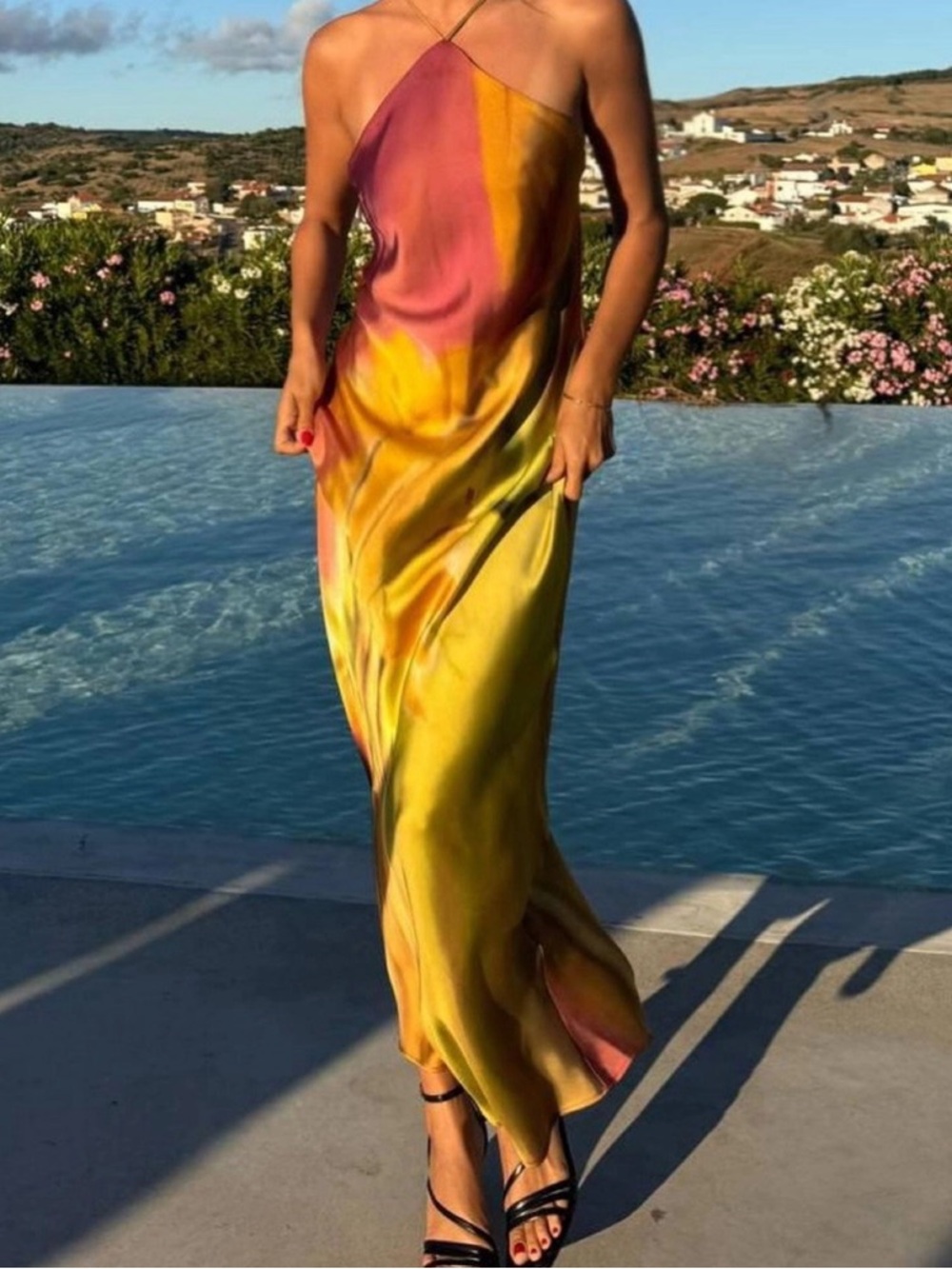 Zara Satin Effect Tie Dye Halter Midi Dress Multicolor 8505/157 NWT